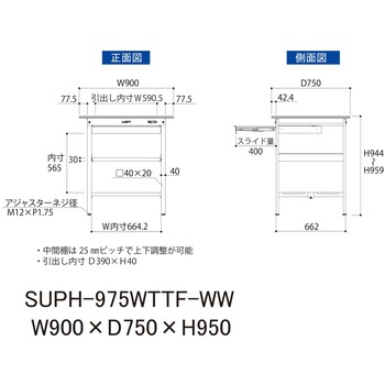 軽量作業台/耐荷重150kg_ワイド引き出し付_中間棚付固定式H950_全面棚板付_ワークテーブル150シリーズ 山金工業