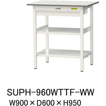 軽量作業台/耐荷重150kg_ワイド引き出し付_中間棚付固定式H950_全面棚板付_ワークテーブル150シリーズ 山金工業
