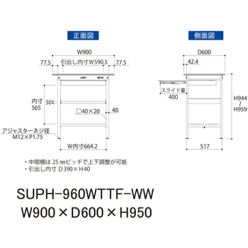 軽量作業台/耐荷重150kg_ワイド引き出し付_中間棚付固定式H950_全面棚板付_ワークテーブル150シリーズ 山金工業
