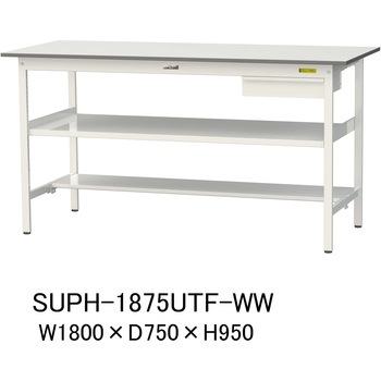 軽量作業台/耐荷重150kg_引き出し付_中間棚付固定式H950_半面棚板付_ワークテーブル150シリーズ 山金工業