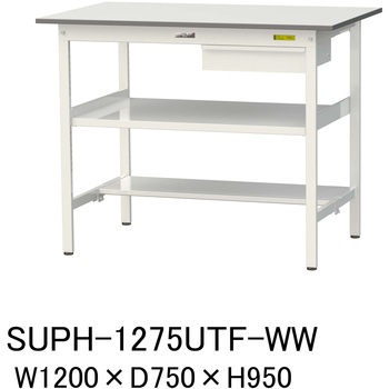 軽量作業台/耐荷重150kg_引き出し付_中間棚付固定式H950_半面棚板付_ワークテーブル150シリーズ 山金工業