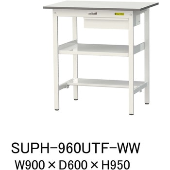 軽量作業台/耐荷重150kg_引き出し付_中間棚付固定式H950_半面棚板付_ワークテーブル150シリーズ 山金工業