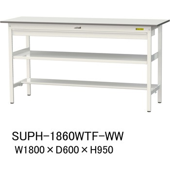 軽量作業台/耐荷重150kg_ワイド引き出し付_中間棚付固定式H950_半面棚板付_ワークテーブル150シリーズ 山金工業
