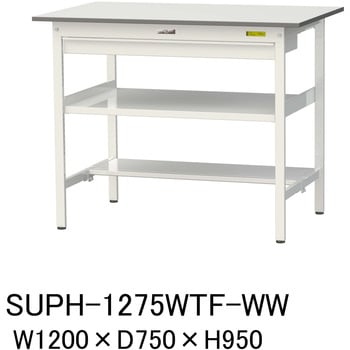 軽量作業台/耐荷重150kg_ワイド引き出し付_中間棚付固定式H950_半面棚板付_ワークテーブル150シリーズ 山金工業
