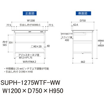 軽量作業台/耐荷重150kg_ワイド引き出し付_中間棚付固定式H950_半面棚板付_ワークテーブル150シリーズ 山金工業
