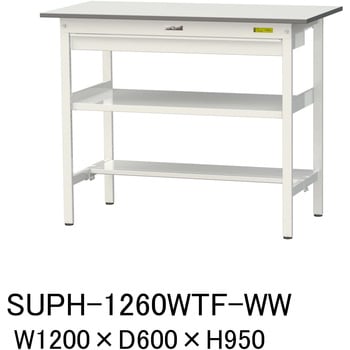 軽量作業台/耐荷重150kg_ワイド引き出し付_中間棚付固定式H950_半面棚板付_ワークテーブル150シリーズ 山金工業
