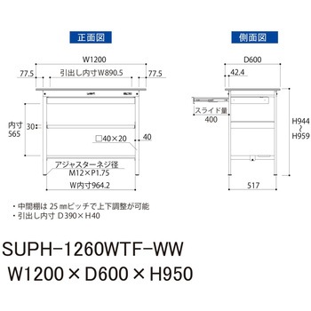 軽量作業台/耐荷重150kg_ワイド引き出し付_中間棚付固定式H950_半面棚板付_ワークテーブル150シリーズ 山金工業