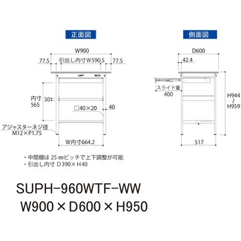 軽量作業台/耐荷重150kg_ワイド引き出し付_中間棚付固定式H950_半面棚板付_ワークテーブル150シリーズ 山金工業