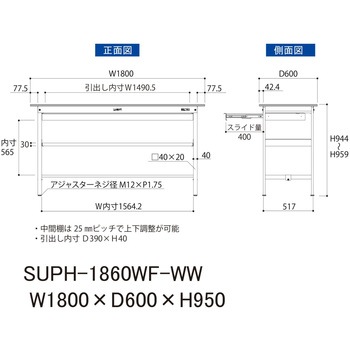 軽量作業台/耐荷重150kg_ワイド引き出し付_中間棚付固定式H950_ワークテーブル150シリーズ 山金工業