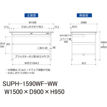 軽量作業台/耐荷重150kg_ワイド引き出し付_中間棚付固定式H950_ワークテーブル150シリーズ 山金工業