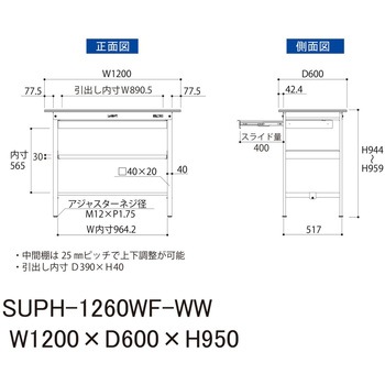 軽量作業台/耐荷重150kg_ワイド引き出し付_中間棚付固定式H950_ワークテーブル150シリーズ 山金工業
