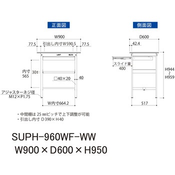 軽量作業台/耐荷重150kg_ワイド引き出し付_中間棚付固定式H950_ワークテーブル150シリーズ 山金工業