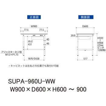 軽量作業台/耐荷重150kg_引き出し付_高さ調整H600～900_ワークテーブル150シリーズ 山金工業