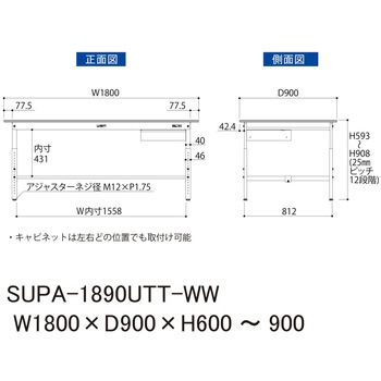 軽量作業台/耐荷重150kg_引き出し付_高さ調整H600～900_全面棚板付_ワークテーブル150シリーズ 山金工業