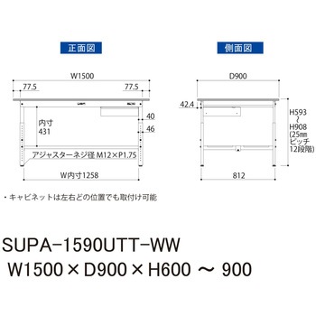 軽量作業台/耐荷重150kg_引き出し付_高さ調整H600～900_全面棚板付_ワークテーブル150シリーズ 山金工業