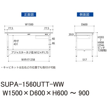 軽量作業台/耐荷重150kg_引き出し付_高さ調整H600～900_全面棚板付_ワークテーブル150シリーズ 山金工業