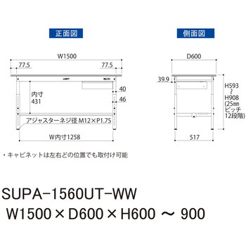 軽量作業台/耐荷重150kg_引き出し付_高さ調整H600～900_半面棚板付_ワークテーブル150シリーズ 山金工業