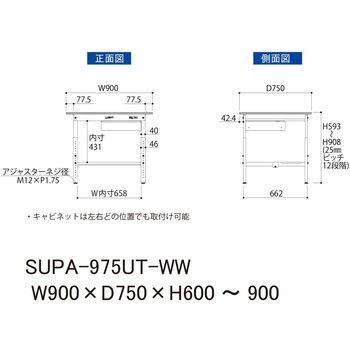 軽量作業台/耐荷重150kg_引き出し付_高さ調整H600～900_半面棚板付_ワークテーブル150シリーズ 山金工業