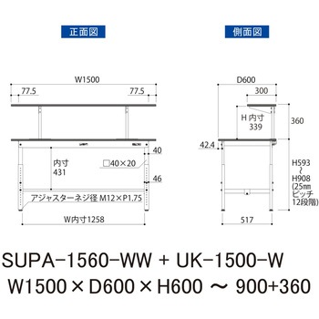 軽量作業台/耐荷重150kg_架台付_高さ調整H600～900_ワークテーブル150シリーズ 山金工業