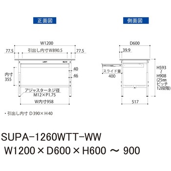 軽量作業台/耐荷重150kg_ワイド引き出し付_高さ調整H600～900_全面棚板付_ワークテーブル150シリーズ 山金工業