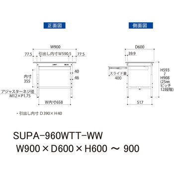 軽量作業台/耐荷重150kg_ワイド引き出し付_高さ調整H600～900_全面棚板付_ワークテーブル150シリーズ 山金工業
