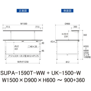 軽量作業台/耐荷重150kg_架台付_高さ調整H600～900_半面棚板付_ワークテーブル150シリーズ 山金工業