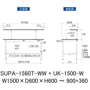 軽量作業台/耐荷重150kg_架台付_高さ調整H600～900_半面棚板付_ワークテーブル150シリーズ 山金工業