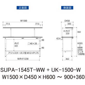 軽量作業台/耐荷重150kg_架台付_高さ調整H600～900_半面棚板付_ワークテーブル150シリーズ 山金工業