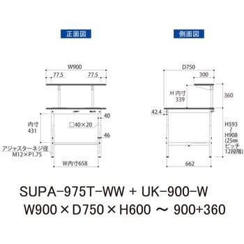 軽量作業台/耐荷重150kg_架台付_高さ調整H600～900_半面棚板付_ワークテーブル150シリーズ 山金工業