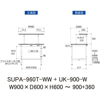 軽量作業台/耐荷重150kg_架台付_高さ調整H600～900_半面棚板付_ワークテーブル150シリーズ 山金工業