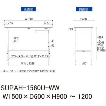 軽量作業台/耐荷重150kg_引き出し付_高さ調整H900～1200_ワークテーブル150シリーズ 山金工業