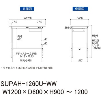 軽量作業台/耐荷重150kg_引き出し付_高さ調整H900～1200_ワークテーブル150シリーズ 山金工業