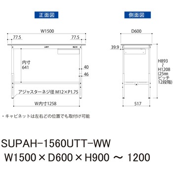 軽量作業台/耐荷重150kg_引き出し付_高さ調整H900～1200_全面棚板付_ワークテーブル150シリーズ 山金工業