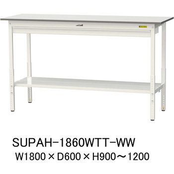 軽量作業台/耐荷重150kg_ワイド引き出し付_高さ調整H900～1200_全面棚板付_ワークテーブル150シリーズ 山金工業