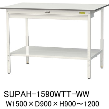 軽量作業台/耐荷重150kg_ワイド引き出し付_高さ調整H900～1200_全面棚板付_ワークテーブル150シリーズ 山金工業