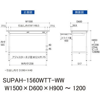 軽量作業台/耐荷重150kg_ワイド引き出し付_高さ調整H900～1200_全面棚板付_ワークテーブル150シリーズ 山金工業