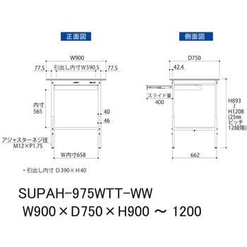軽量作業台/耐荷重150kg_ワイド引き出し付_高さ調整H900～1200_全面棚板付_ワークテーブル150シリーズ 山金工業