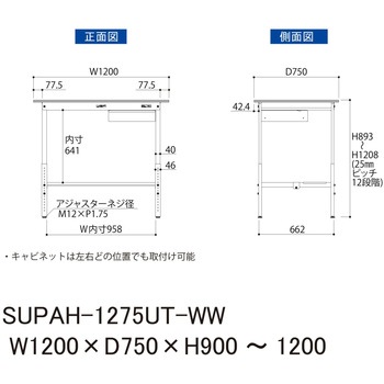 軽量作業台/耐荷重150kg_引き出し付_高さ調整H900～1200_半面棚板付_ワークテーブル150シリーズ 山金工業
