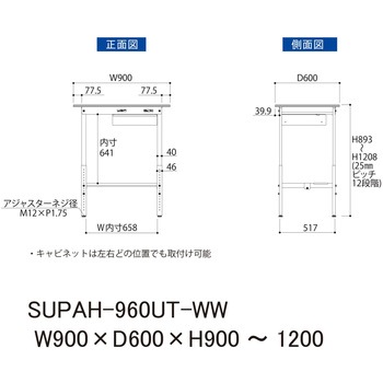 軽量作業台/耐荷重150kg_引き出し付_高さ調整H900～1200_半面棚板付_ワークテーブル150シリーズ 山金工業