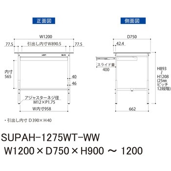 軽量作業台/耐荷重150kg_ワイド引き出し付_高さ調整H900～1200_半面棚板付_ワークテーブル150シリーズ 山金工業