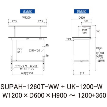 軽量作業台/耐荷重150kg_架台付_高さ調整H900～1200_半面棚板付_ワークテーブル150シリーズ 山金工業