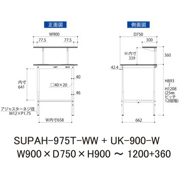 軽量作業台/耐荷重150kg_架台付_高さ調整H900～1200_半面棚板付_ワークテーブル150シリーズ 山金工業