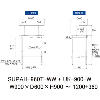 軽量作業台/耐荷重150kg_架台付_高さ調整H900～1200_半面棚板付_ワークテーブル150シリーズ 山金工業