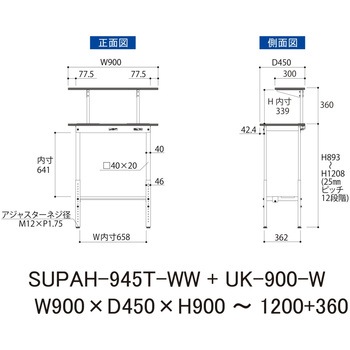 軽量作業台/耐荷重150kg_架台付_高さ調整H900～1200_半面棚板付_ワークテーブル150シリーズ 山金工業