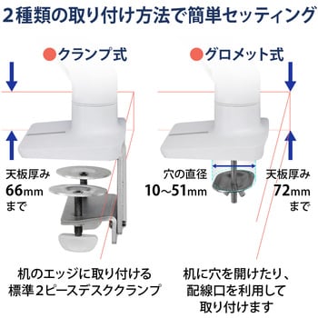 45-475-216 エルゴトロン HX モニターアーム ホワイト 49インチ(9.1~19.1kg)まで VESA規格対応 ERGOTRON( エルゴトロン) クランプ・グロメット (付属) - 【通販モノタロウ】