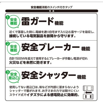 安全機能満載スイッチ付OAタップ/2m ナカバヤシ 2P電源タップ 【通販