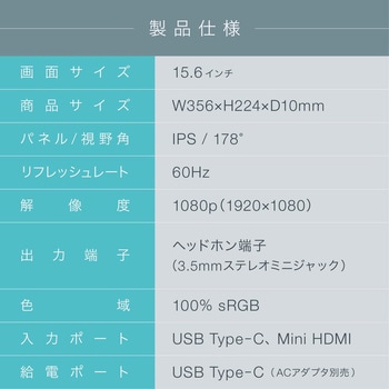 モバイルモニター 15.6インチ USB Tpye-C HDMI スタンドカバー付き モバイルディスプレイ トライメイト