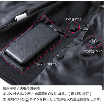 手洗い洗濯できる黒色フリース発熱ベスト+モバイルバッテリー10000mAhセット STATUSUNI(ステータスユニ)