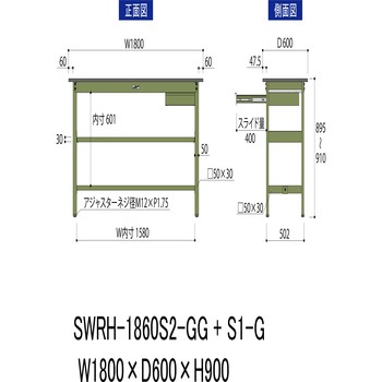ワークテーブル300シリーズH900固定式(中間棚・1段(浅型W394mm)キャビネット付き) 山金工業