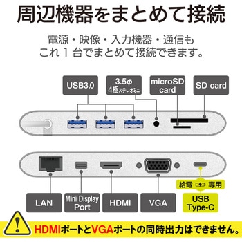 USBハブ ドッキングステーション PD対応 Type-C接続 VGA HDMI LAN SD ケーブル長30cm アルミ筐体 マルチハブ エレコム